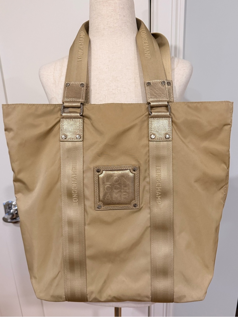 Longchamp Tan Nylon Tote with Logo Patch